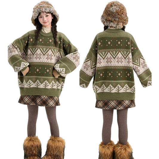Sweet Fair Isle Style Green Colorblocked Round Neck Sweater