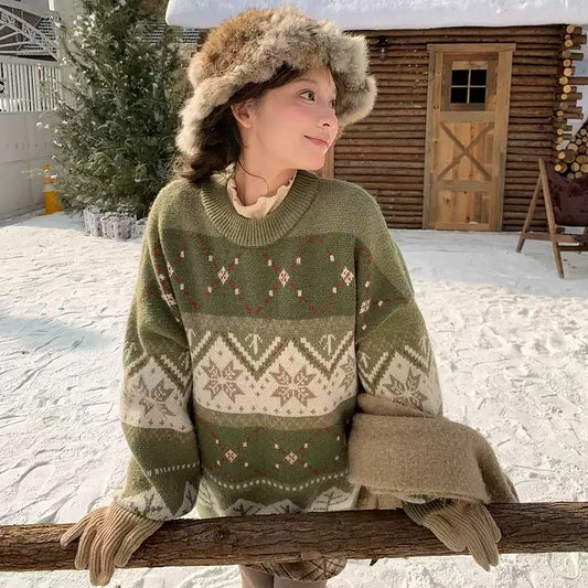 Sweet Fair Isle Style Green Colorblocked Round Neck Sweater