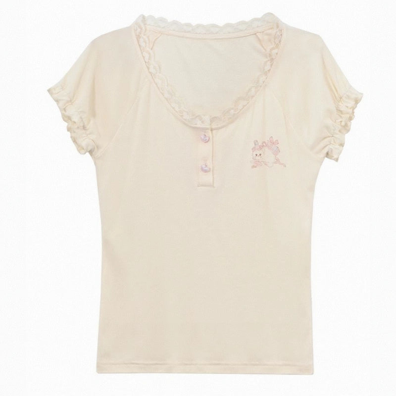 Sweet French Beige Cat Print Slim Fit T-shirt