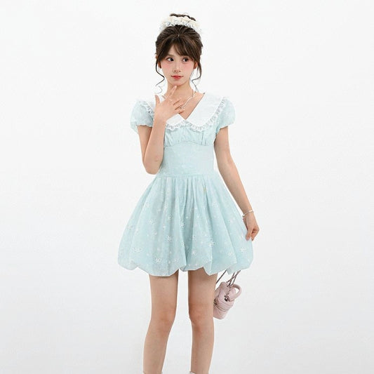 Sweet French Blue Puff Sleeve Dress