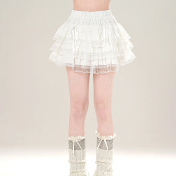 Sweet French-Style Lace High-Waisted Short Skirt
