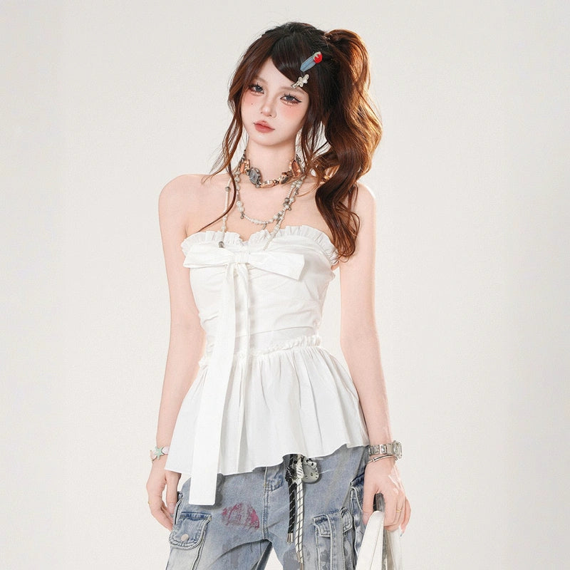 Sweet French Style White One-Shoulder Blouse