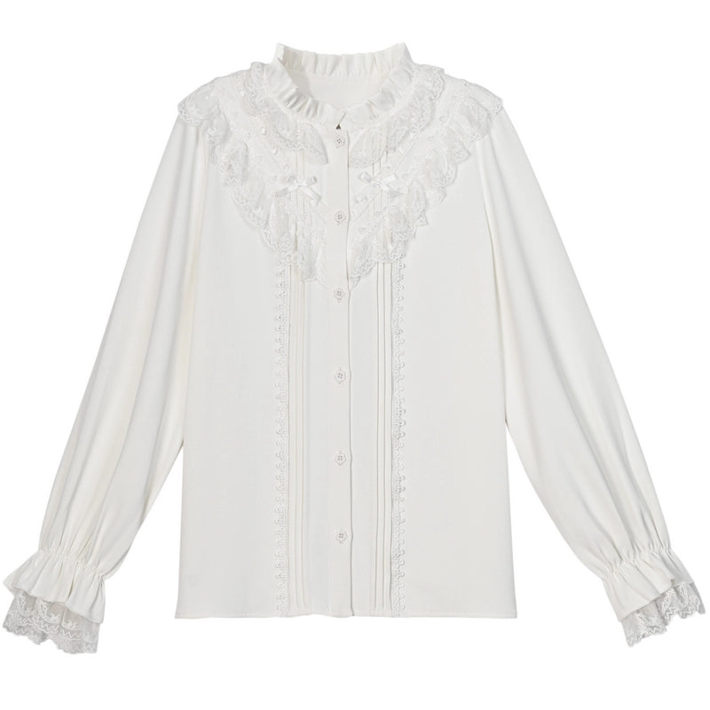 Sweet French White Lace Long-Sleeved Blouse