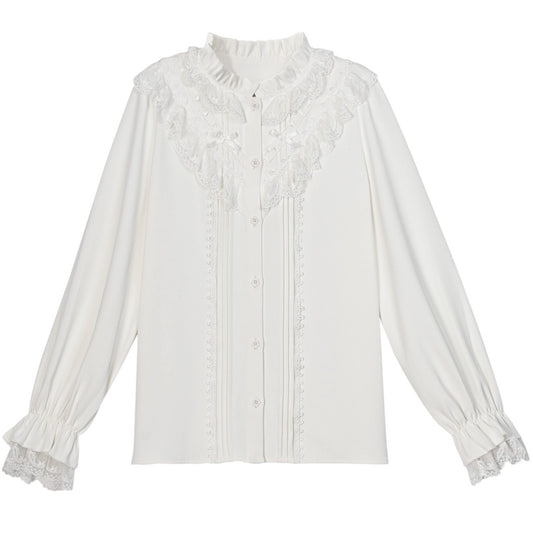 Sweet French White Lace Long-Sleeved Blouse