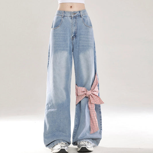 Sweet Girl All-match Style Bow Decoration Wide-leg Jeans