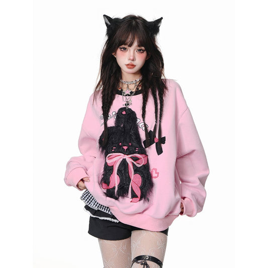 Sweet Girl Style 3D Pink Rabbit Embroidery Loose Sweatshirt