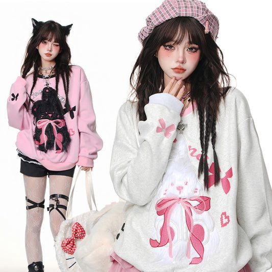 Sweet Girl Style 3D Pink Rabbit Embroidery Loose Sweatshirt