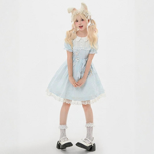 Sweet Girl Style Blue Lace Embroidered Lolita Dress