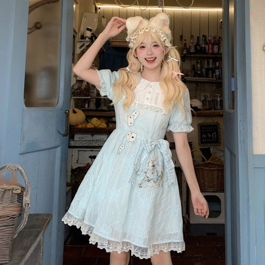 Sweet Girl Style Blue Lace Embroidered Lolita Dress