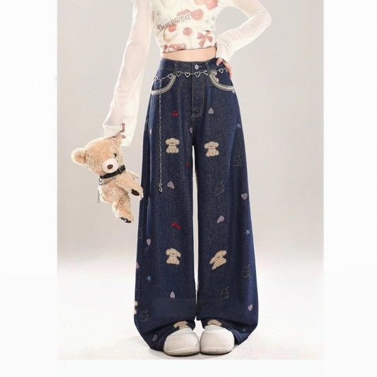 Sweet Girl Style Blue Puppy Embroidered Jeans