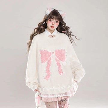 Sweet Girl Style Bow Embroidered Pullover Sweater