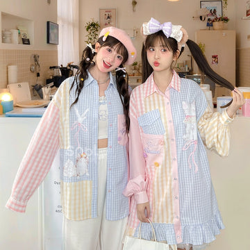 Sweet Girl Style Candy Color Patchwork Blouse