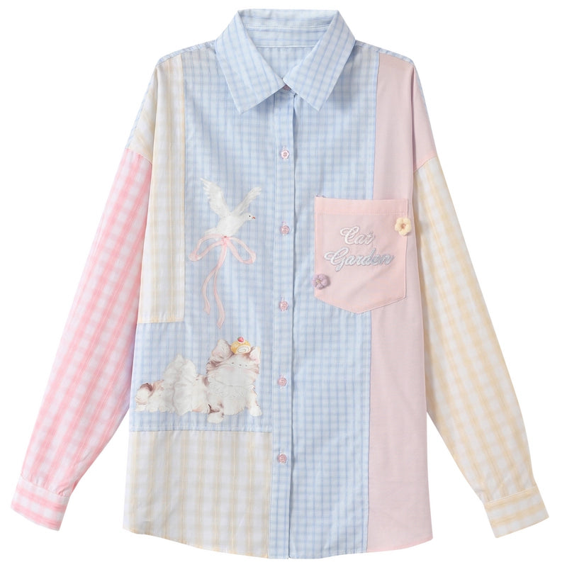Sweet Girl Style Candy Color Patchwork Blouse