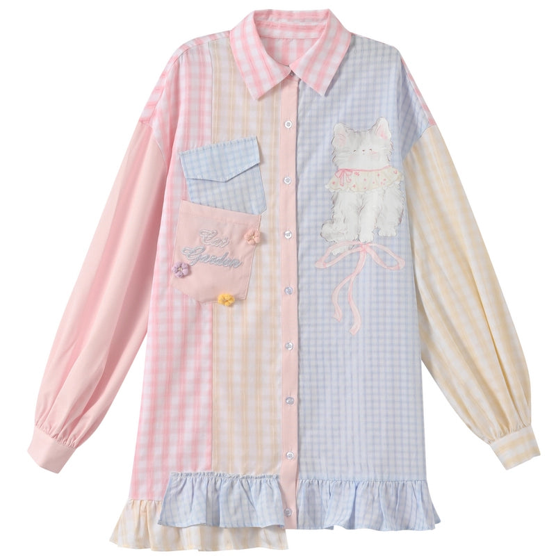 Sweet Girl Style Candy Color Patchwork Blouse