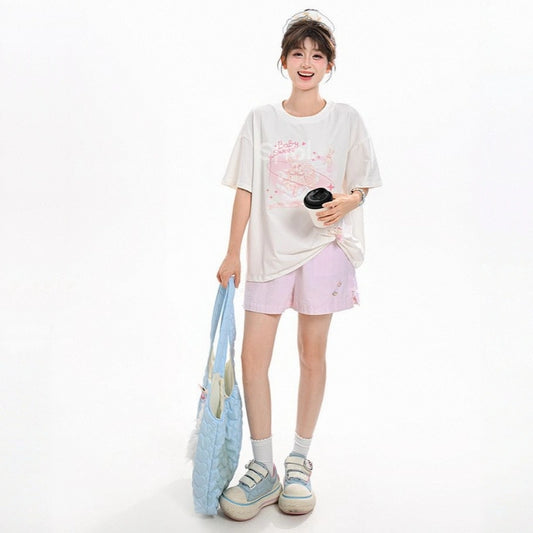 Sweet Girl Style Cartoon Angel Print T-shirt