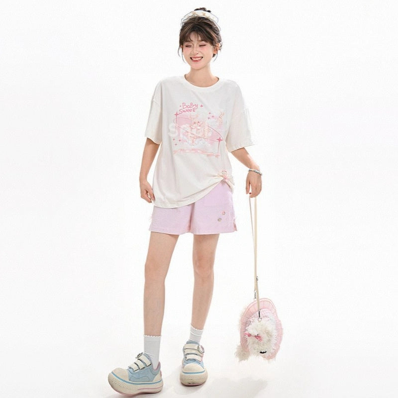 Sweet Girl Style Cartoon Angel Print T-shirt