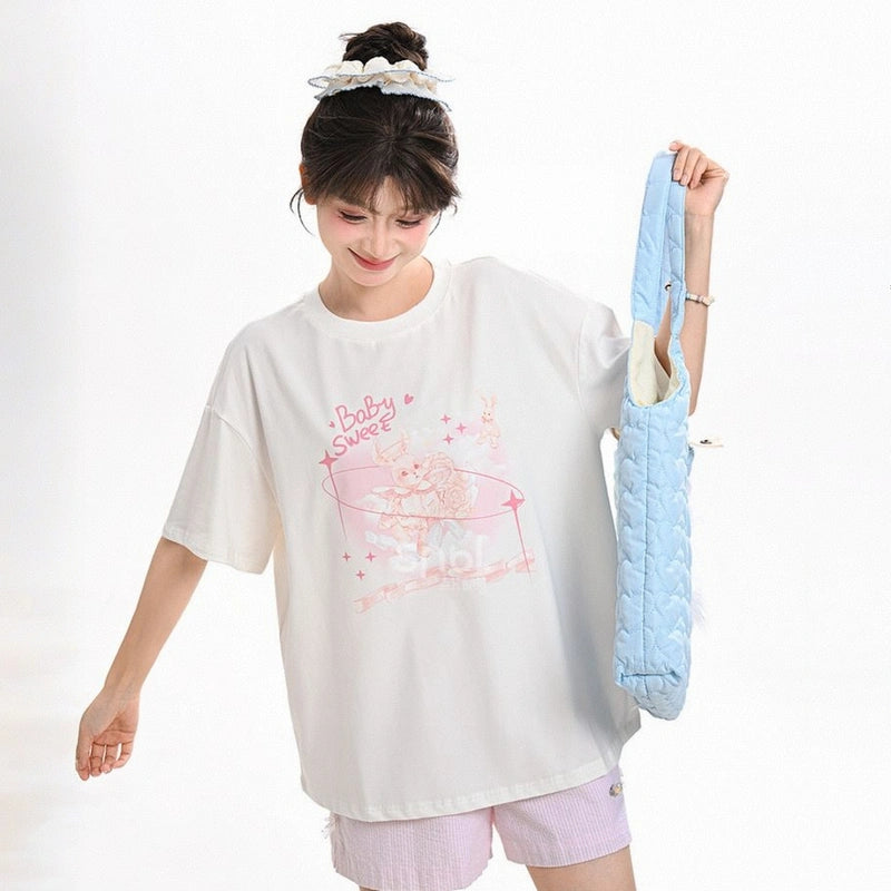 Sweet Girl Style Cartoon Angel Print T-shirt