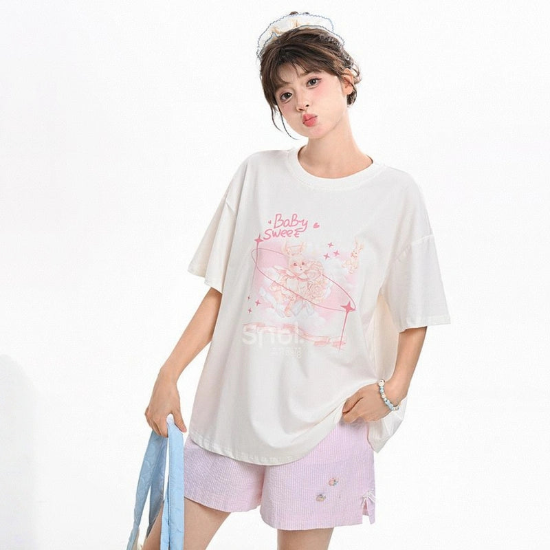 Sweet Girl Style Cartoon Angel Print T-shirt
