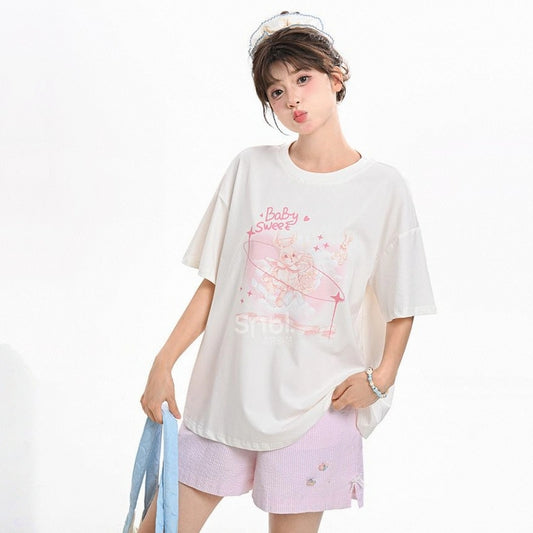 Sweet Girl Style Cartoon Angel Print T-shirt