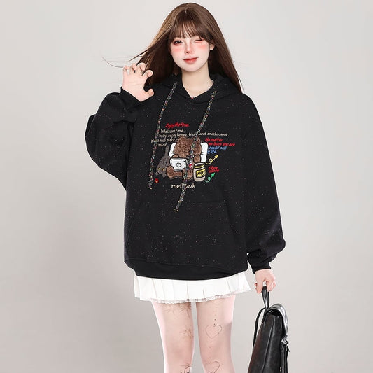 Sweet Girl Style Cartoon Bear Print Hooded Sweatshirt