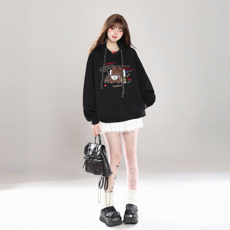 Sweet Girl Style Cartoon Bear Print Hooded Sweatshirt