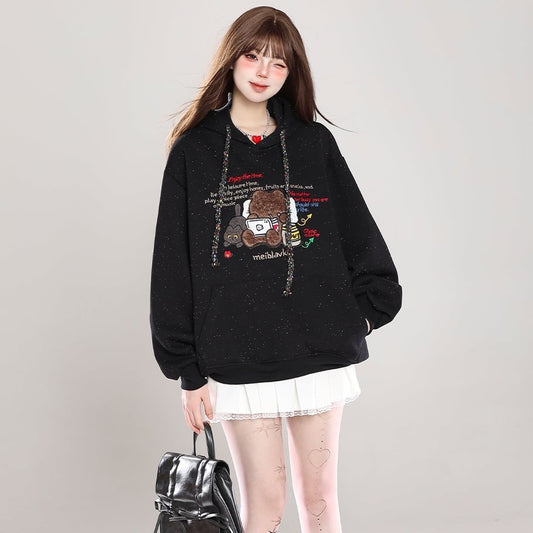 Sweet Girl Style Cartoon Bear Print Hooded Sweatshirt