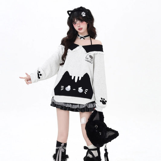 Sweet Girl Style Cartoon Cat Embroidered Halter Neck Sweatshirt