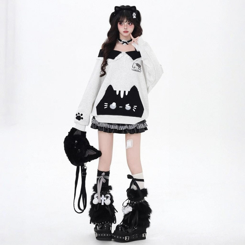 Sweet Girl Style Cartoon Cat Embroidered Halter Neck Sweatshirt
