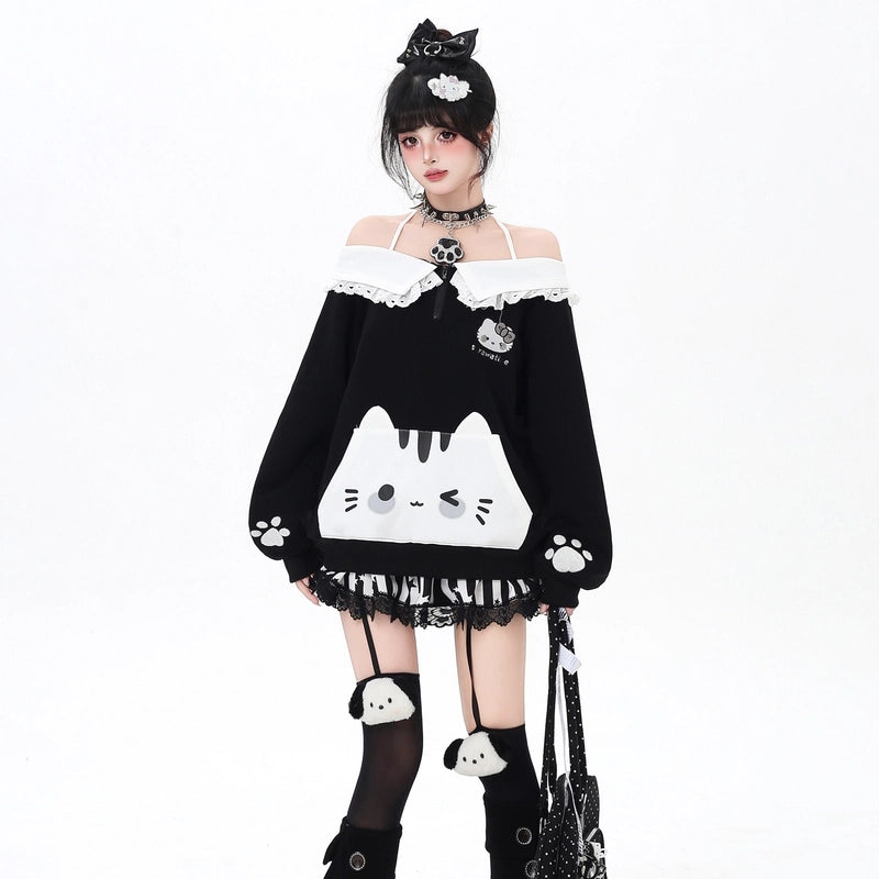 Sweet Girl Style Cartoon Cat Embroidered Halter Neck Sweatshirt