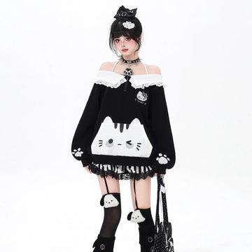 Sweet Girl Style Cartoon Cat Embroidered Halter Neck Sweatshirt