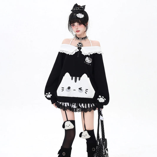 Sweet Girl Style Cartoon Cat Embroidered Halter Neck Sweatshirt