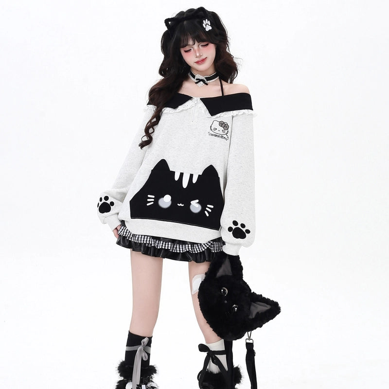 Sweet Girl Style Cartoon Cat Embroidered Halter Neck Sweatshirt
