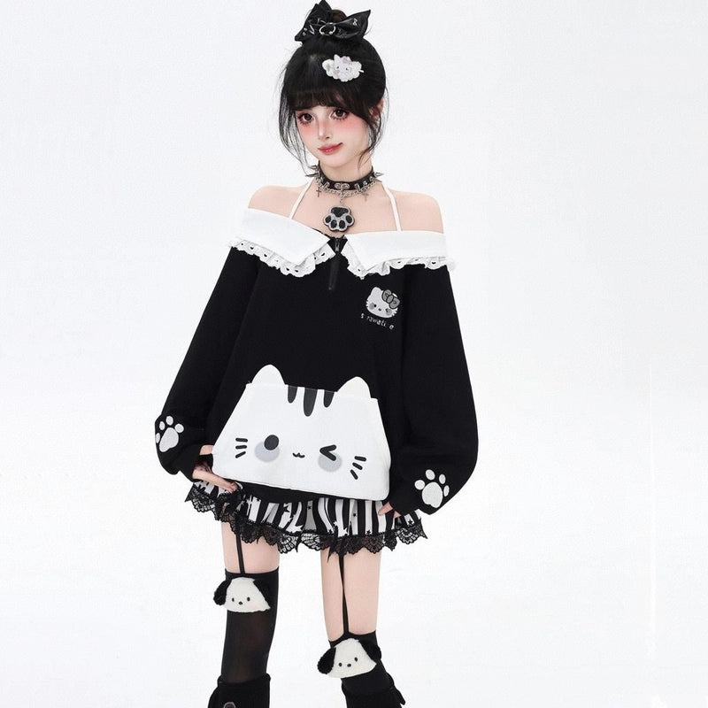 Sweet Girl Style Cartoon Cat Embroidered Halter Neck Sweatshirt