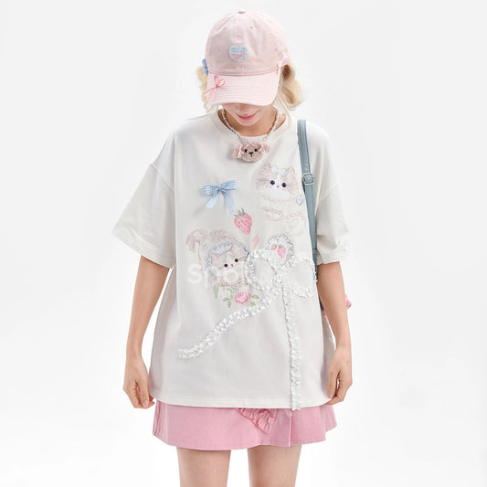 Sweet Girl Style Cartoon Cat Print Short Sleeve T-shirt