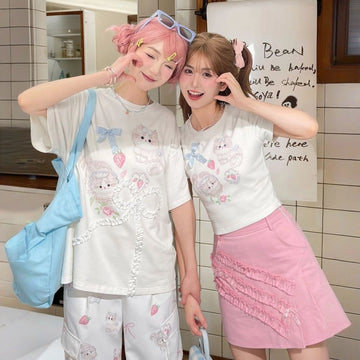 Sweet Girl Style Cartoon Cat Print Short Sleeve T-shirt