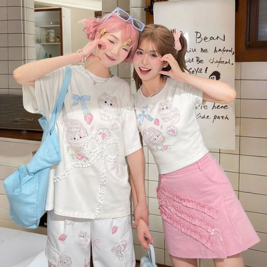 Sweet Girl Style Cartoon Cat Print Short Sleeve T-shirt