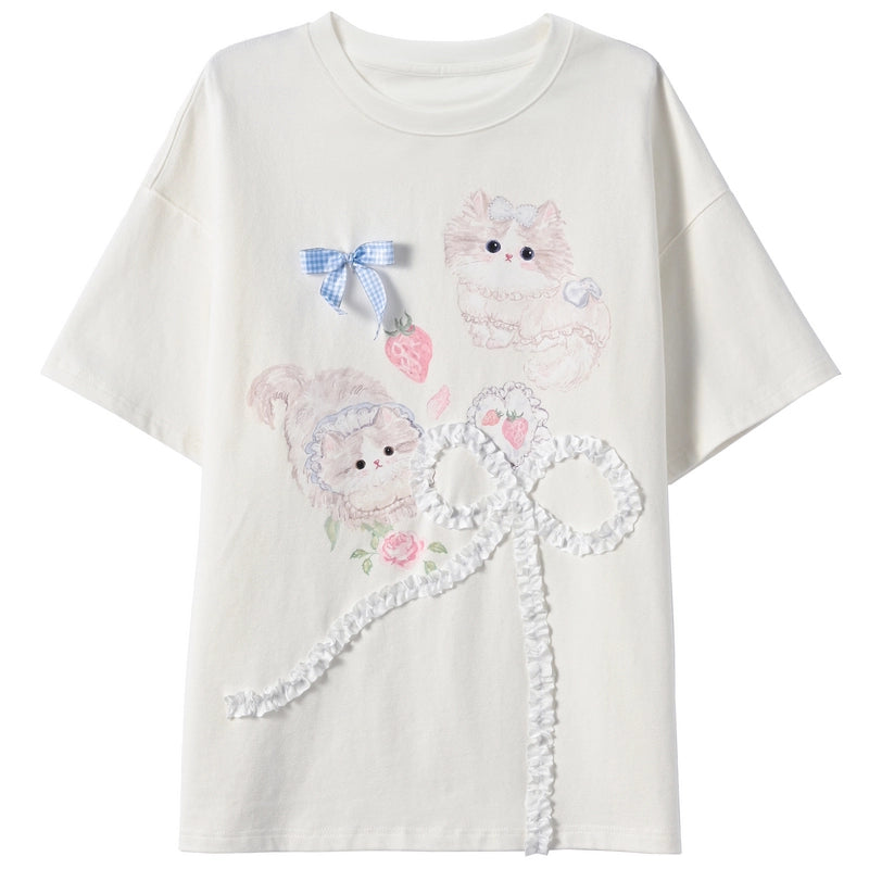 Sweet Girl Style Cartoon Cat Print Short Sleeve T-shirt