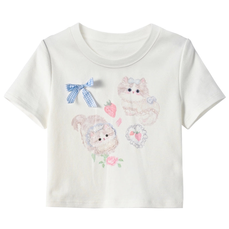 Sweet Girl Style Cartoon Cat Print Short Sleeve T-shirt