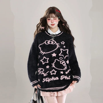 Sweet Girl Style Cartoon Hello Kitty Embroidered Sweater