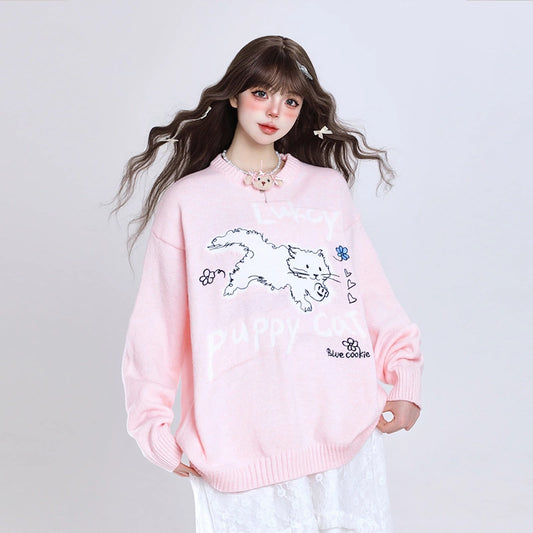 Sweet Girl Style Cartoon Kitten Embroidered Pullover Sweater