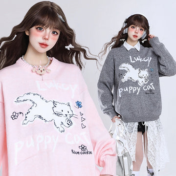 Sweet Girl Style Cartoon Kitten Embroidered Pullover Sweater