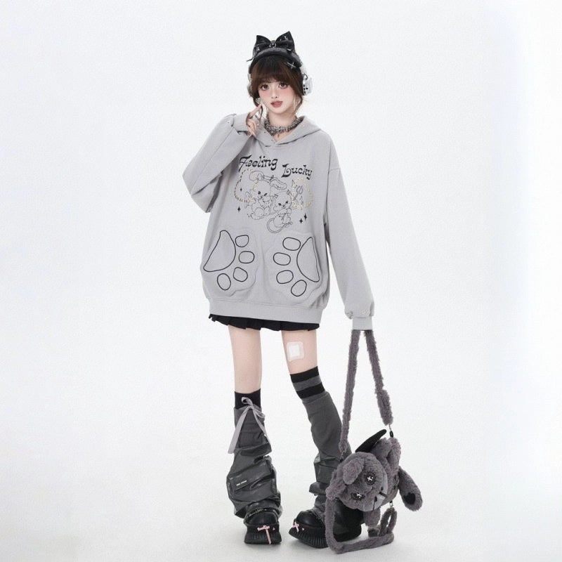 Sweet Girl Style Cartoon Line Bunny Print Hooded Sweatshirt