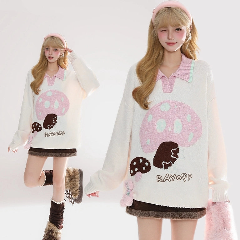 Sweet Girl Style Cartoon Mushroom Embroidered Sweater