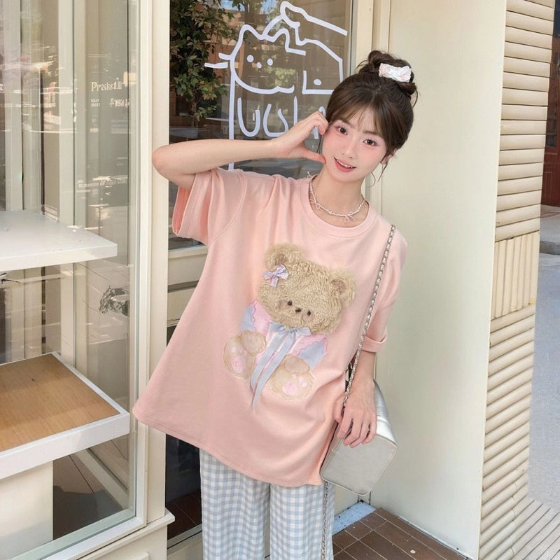 Sweet Girl Style Cartoon Puppy Embroidery Round Neck T-shirt