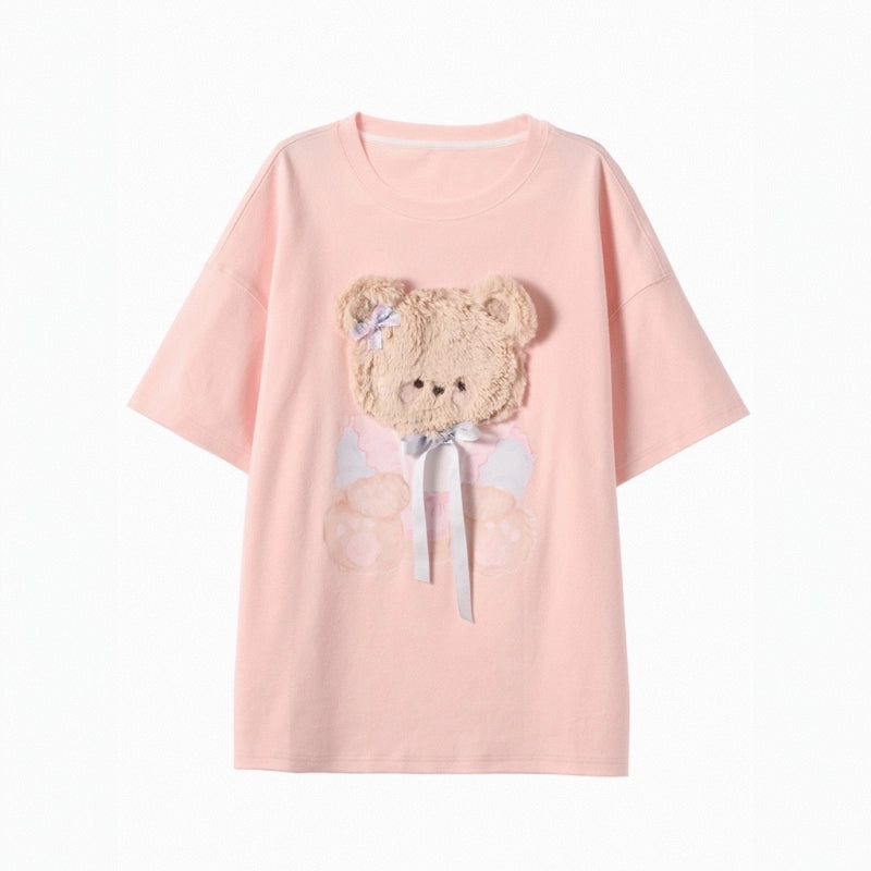 Sweet Girl Style Cartoon Puppy Embroidery Round Neck T-shirt