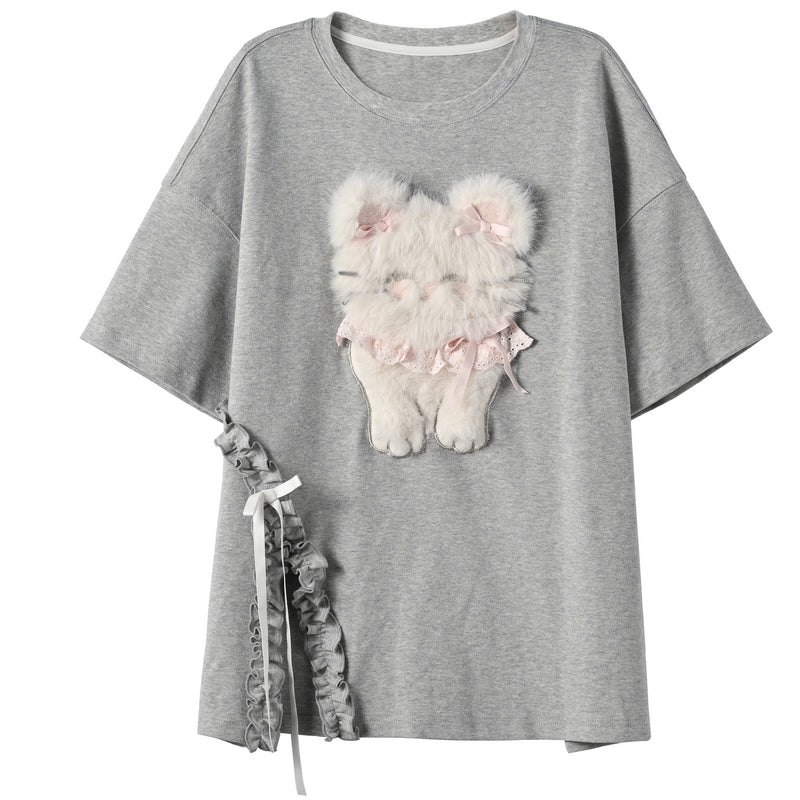 Sweet Girl Style Cartoon Puppy Embroidery Round Neck T-shirt