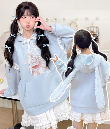 Sweet Girl Style Cartoon Rabbit Print Hooded Sweatshirt