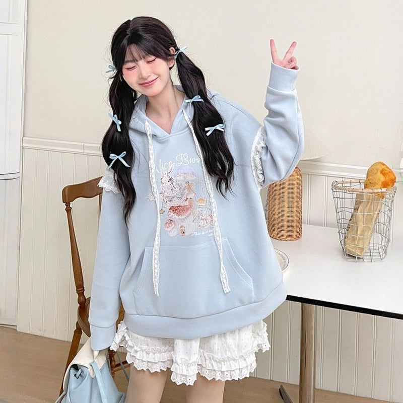 Sweet Girl Style Cartoon Rabbit Print Hooded Sweatshirt
