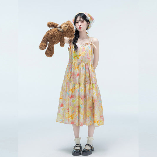 Sweet Girl Style Colorful Floral Suspender Dress