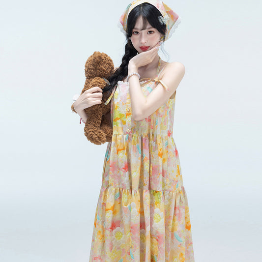 Sweet Girl Style Colorful Floral Suspender Dress